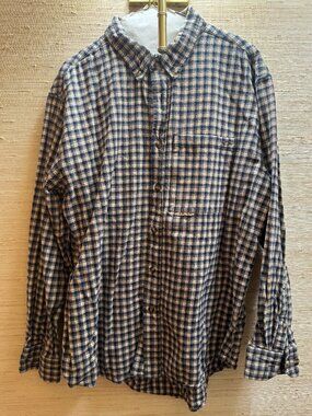 Drake Waterfowl Mens Large Plaid Hunting Outdoor Shirt Navy Tan